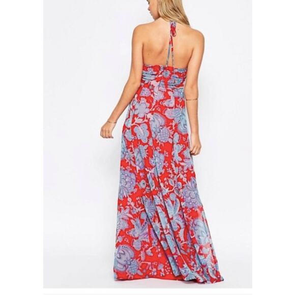 ASOS Paisley Cut Out Maxi Dress Halter Womens Size 4 Red Blue Flowy Resort - Picture 2 of 10